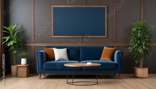 Interior mockup In a white room a blue sofa is placed next to a photo frame on the wall