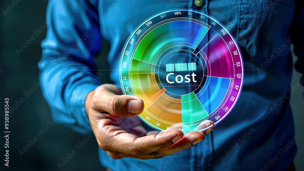 Businessman holding a digital color wheel with Cost showing a concept for quality control. Businessman holding a digital color wheel with Cost showing a concept for quality control.