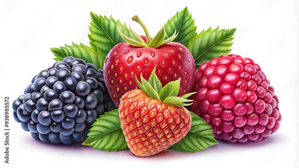 Vibrant illustration of three colorful berry icons - plump strawberry, tart raspberry, and juicy blackberry - arranged in a triangular formation on a white background. Vibrant illustration of three colorful berry icons - plump strawberry, tart raspberry, and juicy blackberry - arranged in a triangular formation on a white background.