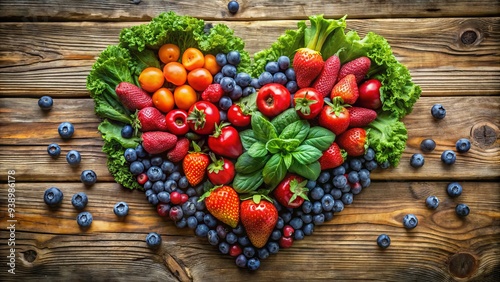 Vibrant mix of fresh fruits and vegetables, including strawberries, blueberries, and leafy greens, arranged in a heart shape on a rustic wooden background.