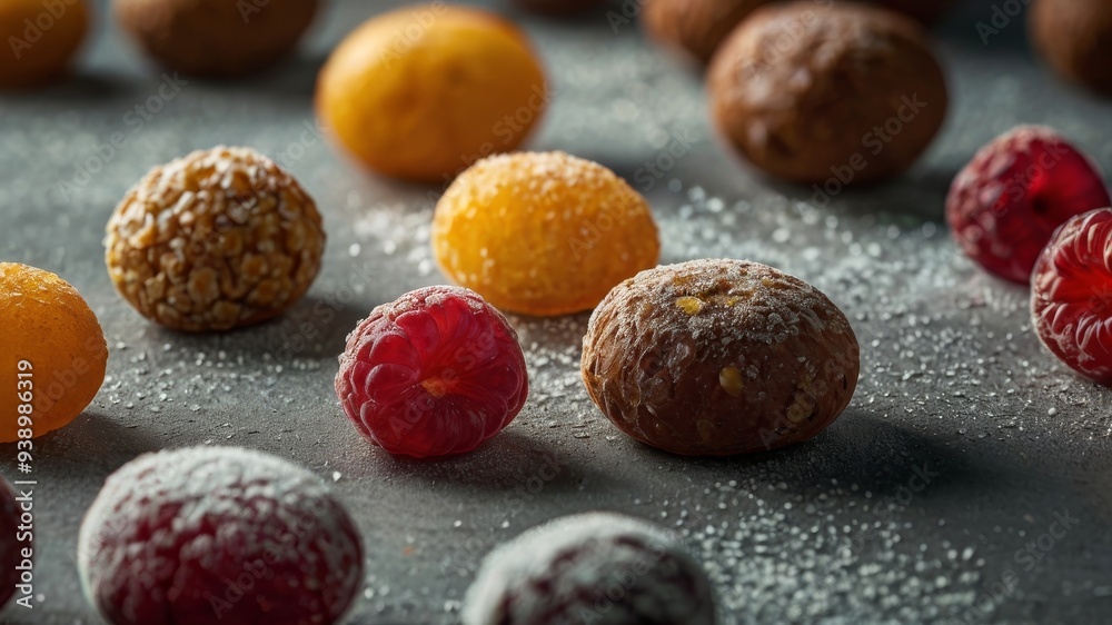 Dried fruit candies and candied fruits are left on the table in powdered sugar. Dried fruit candies and candied fruits are left on the table in powdered sugar.