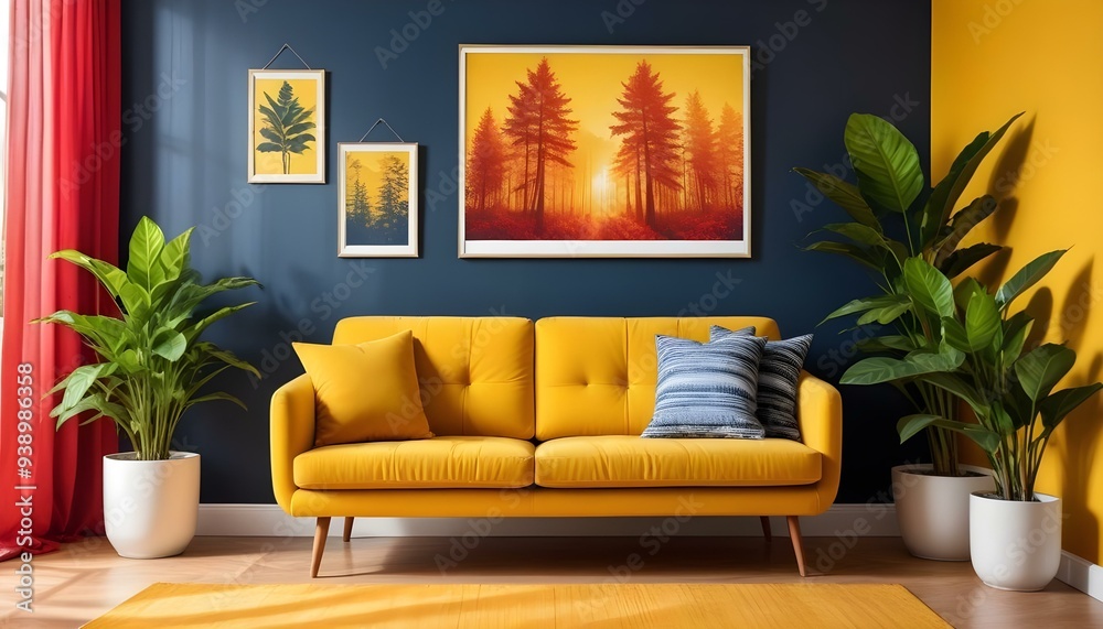 Interior mockup In a white room a blue sofa is placed next to a photo frame on the wall Interior mockup In a white room a blue sofa is placed next to a photo frame on the wall