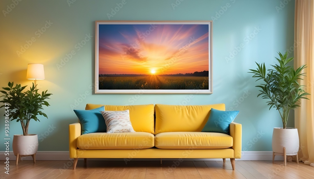 Interior mockup In a white room a blue sofa is placed next to a photo frame on the wall Interior mockup In a white room a blue sofa is placed next to a photo frame on the wall