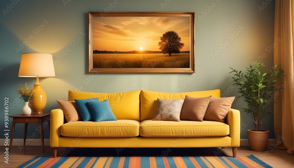 Interior mockup In a white room a blue sofa is placed next to a photo frame on the wall Interior mockup In a white room a blue sofa is placed next to a photo frame on the wall