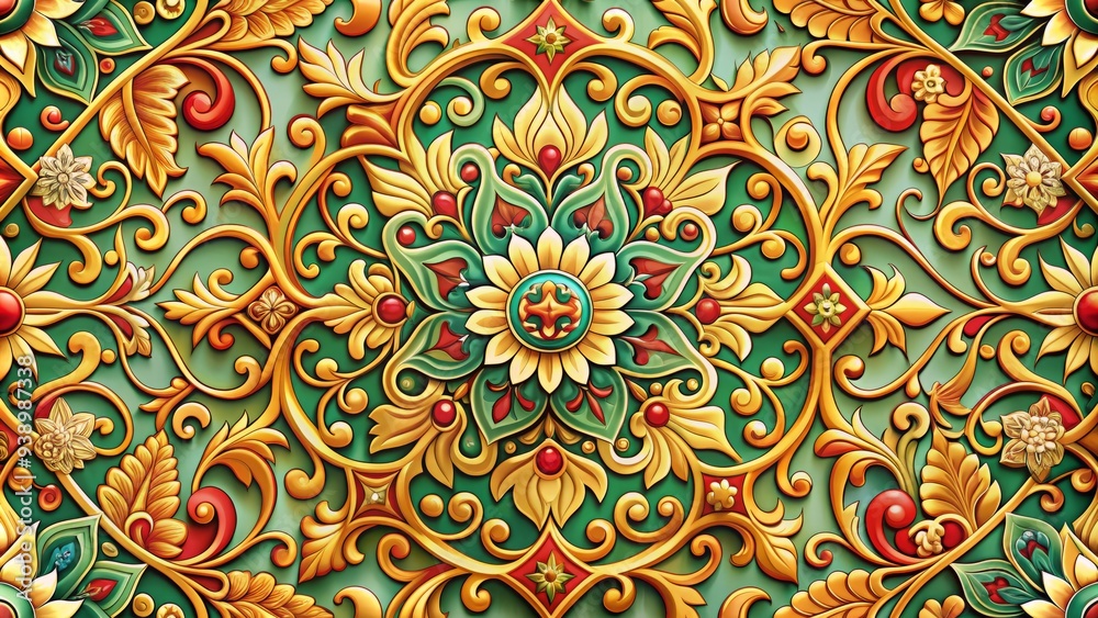 Vibrant ornate geometric pattern with intricate swirls, floral motifs, and subtle texture, creating a stunningly beautiful and elegant decorative background for design projects. Vibrant ornate geometric pattern with intricate swirls, floral motifs, and subtle texture, creating a stunningly beautiful and elegant decorative background for design projects.