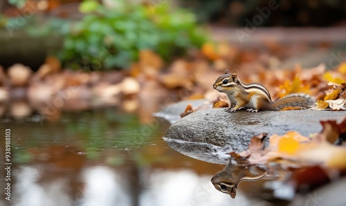 A small chipmunk sits on the rocky edge of a pond, looking into the water. The ground around it is strewn with fallen leaves and patches of green plants. photo