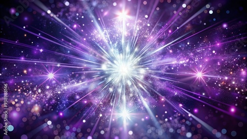 Vibrant purple and silver sparks erupt in a mesmerizing explosion, radiating intense light and energy, against a dark background of subtle, shimmering stars.