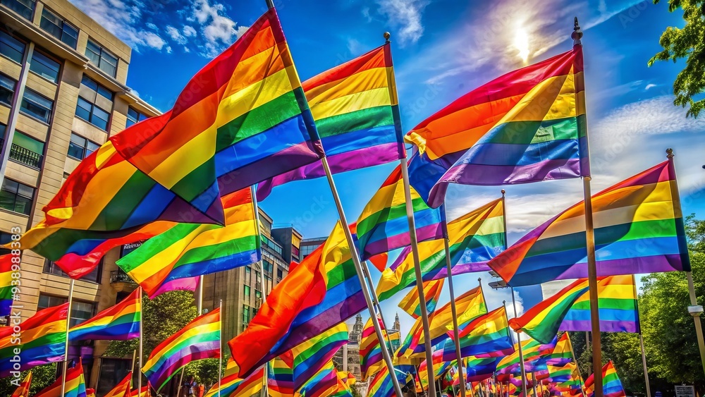 Naklejka premium Vibrant rainbow-colored flags and banners wave proudly in the air, symbolizing unity, diversity, and solidarity among the LGBTQ+ community during a festive celebration.