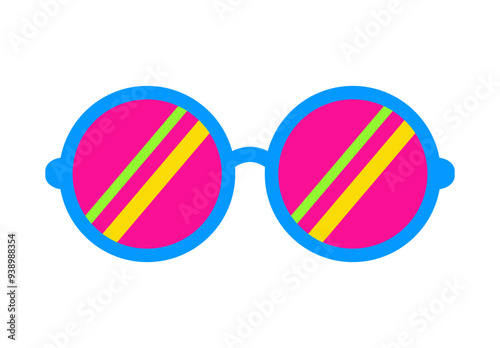 Retro glasses. Round retro glasses in 60-70s style. Party sunglasses in flat style. Festive funny accessories. Psychedelic vector glasses isolated on white background