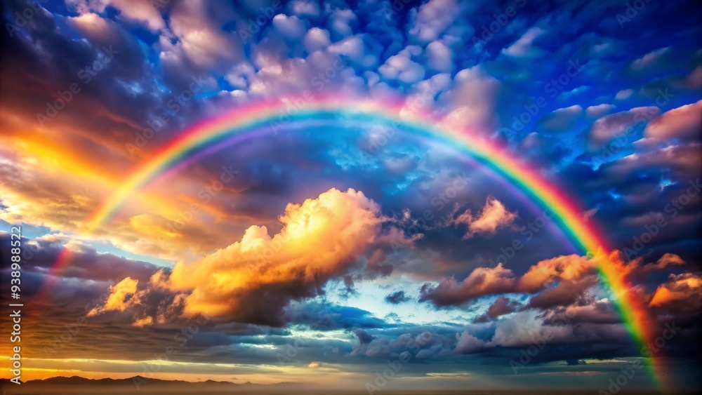 Vibrant rainbow stretches across a serene sky with faint clouds, symbolizing hope and promise, as a subtle ark silhouette emerges in the distant background. Vibrant rainbow stretches across a serene sky with faint clouds, symbolizing hope and promise, as a subtle ark silhouette emerges in the distant background.
