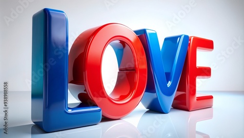 Vibrant red and blue bold font LOVE sculpture stands brightly on a white background, symbolizing affection and positivity in a modern artistic representation. photo