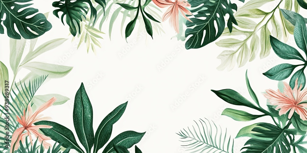 Vibrant Tropical Leaf Frame with Floral Accents Vibrant Tropical Leaf Frame with Floral Accents