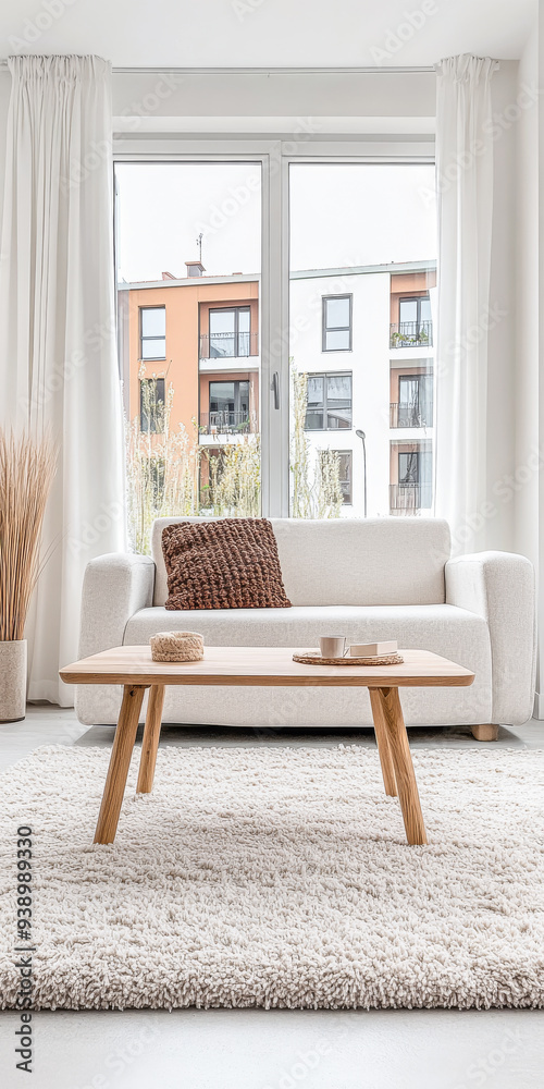 Fototapeta premium Modern coffee table and sofa in a minimalist bright living room space. Interior design composition.
