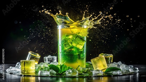 Vibrant splash of yellow and green energy drink against a dark background, surrounded by ice cubes and condensed water droplets, conveying refreshing energy.