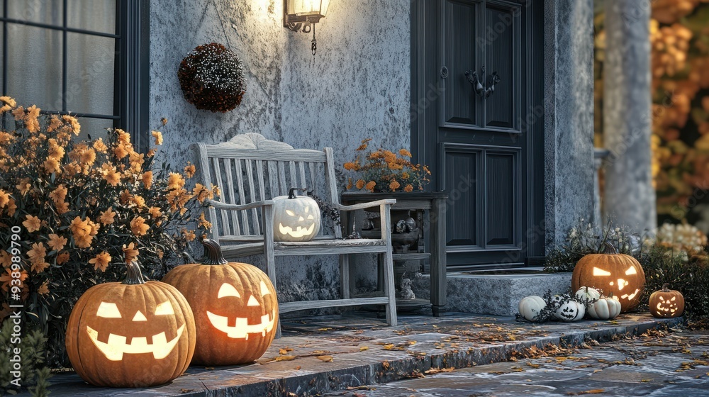 Obraz premium Halloween pumpkins jack o' lanterns, flowers and chairs on front porch, exterior home decor, seasonal decorations, gray and white
