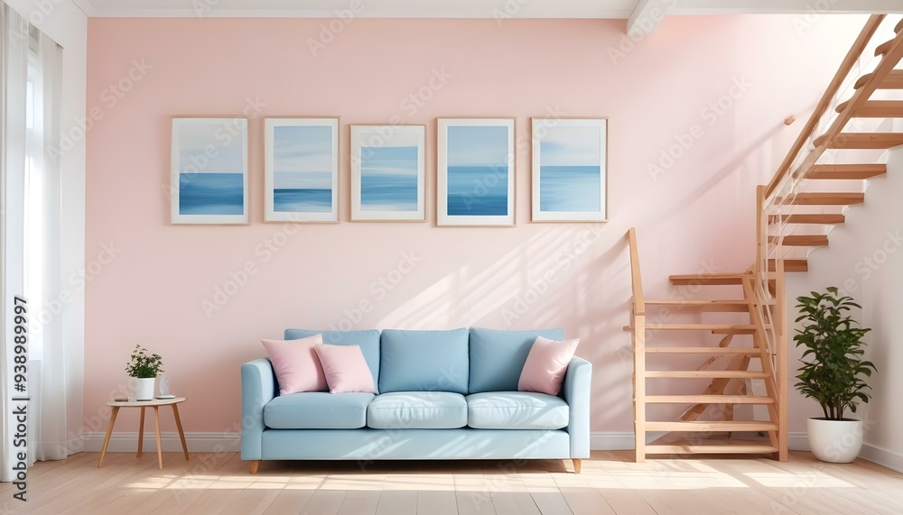Interior mockup In a white room a blue sofa is placed next to a photo frame on the wall Interior mockup In a white room a blue sofa is placed next to a photo frame on the wall