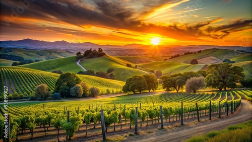 Vibrant sunset casts a warm glow over the rolling hills and lush vineyards of California's Yolo County, a serene and picturesque rural landscape. photo