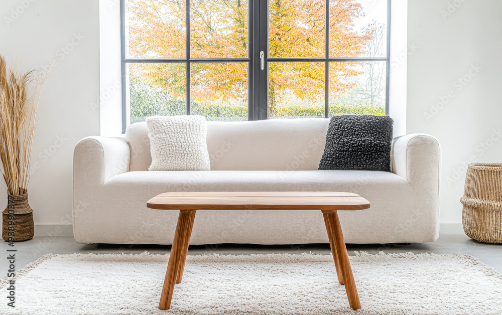 Fototapeta premium Modern coffee table and sofa in a minimalist bright living room space. Interior design composition.