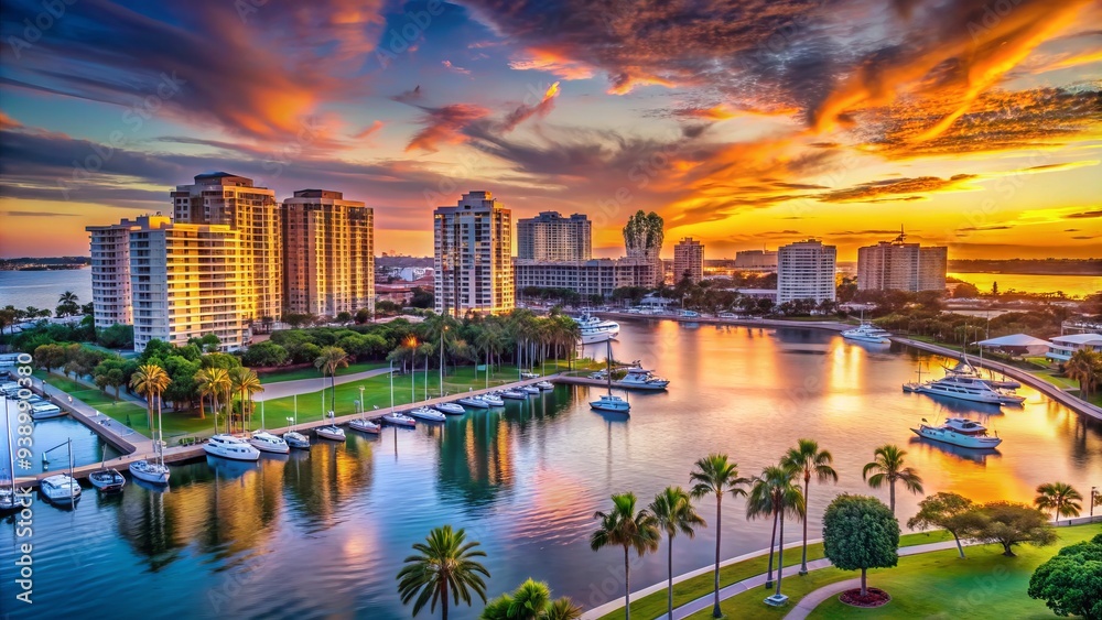 Fototapeta premium Vibrant sunset illuminates the tranquil Sarasota cityscape, featuring sleek high-rise buildings, majestic palm trees, and a serene marina along the sparkling waters of Sarasota Bay.