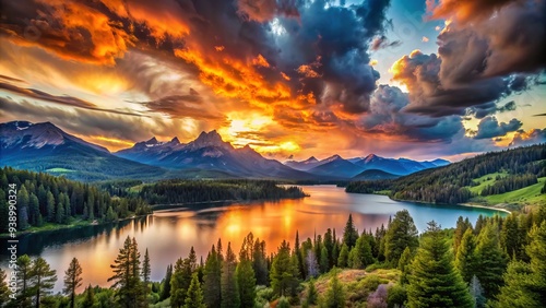 Vibrant sunset illuminates layered clouds, casting a warm glow on rugged mountains, serene lake, and lush forest landscape with dramatic, high-dynamic-range contrast.