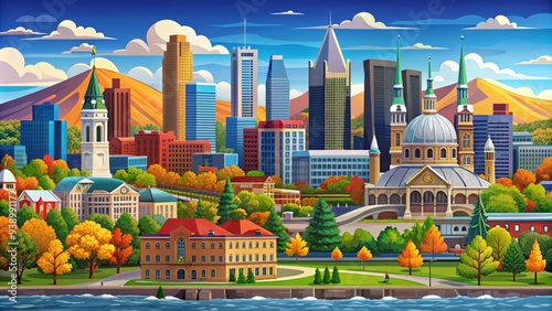 Vibrant vector illustration of Montreal's iconic skyline featuring Notre-Dame Basilica, Olympic Stadium, and Mount Royal, surrounded by colorful buildings and scenic river views. photo