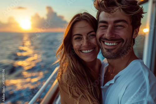 In radiant glow of a summer sunrise, a joyful American couple embarks on a cruise, their faces beaming with excitement as they take in panoramic view of sparkling ocean, feeling warm embrace of sun a