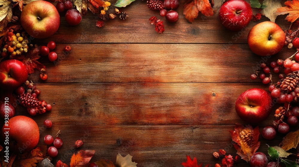 Herbstlicher Thanksgiving Erntedankfest Banner mit frischen roten Ãpfel, Maiskolben und roten Beeren auf einem rustikalen Holztisch Herbstlicher Thanksgiving Erntedankfest Banner mit frischen roten Ãpfel, Maiskolben und roten Beeren auf einem rustikalen Holztisch