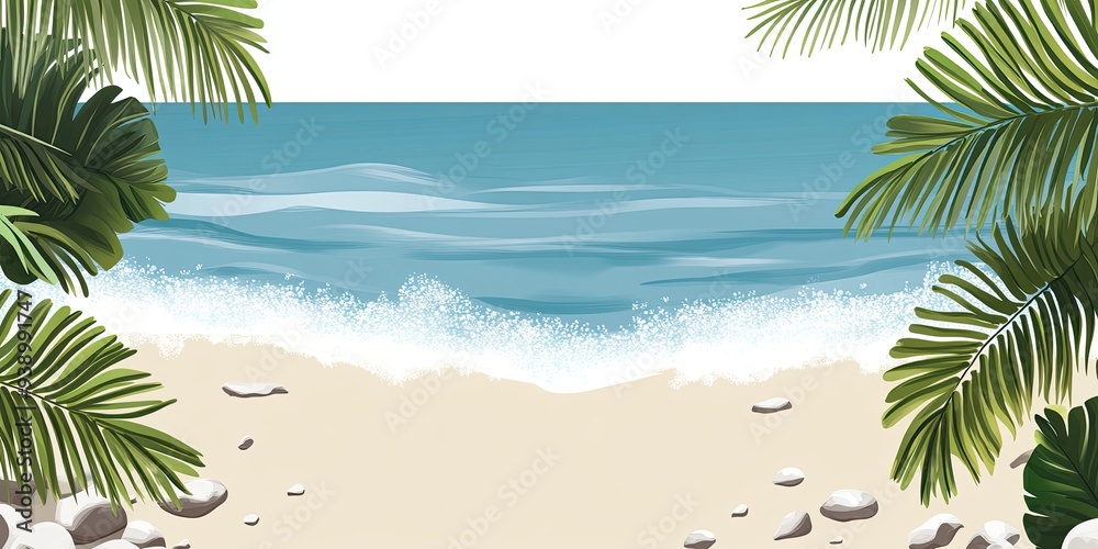 Tropical Beach Scene with Waves and Palm Leaves