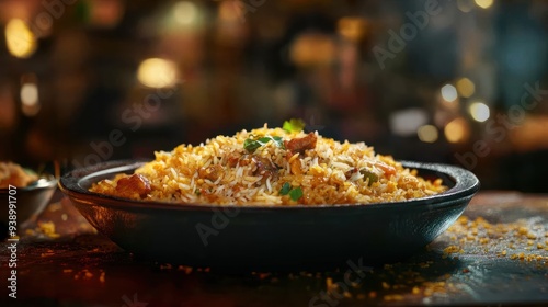 high quality photography of Indian biriyani on restaurant background. Indian food concept. photo