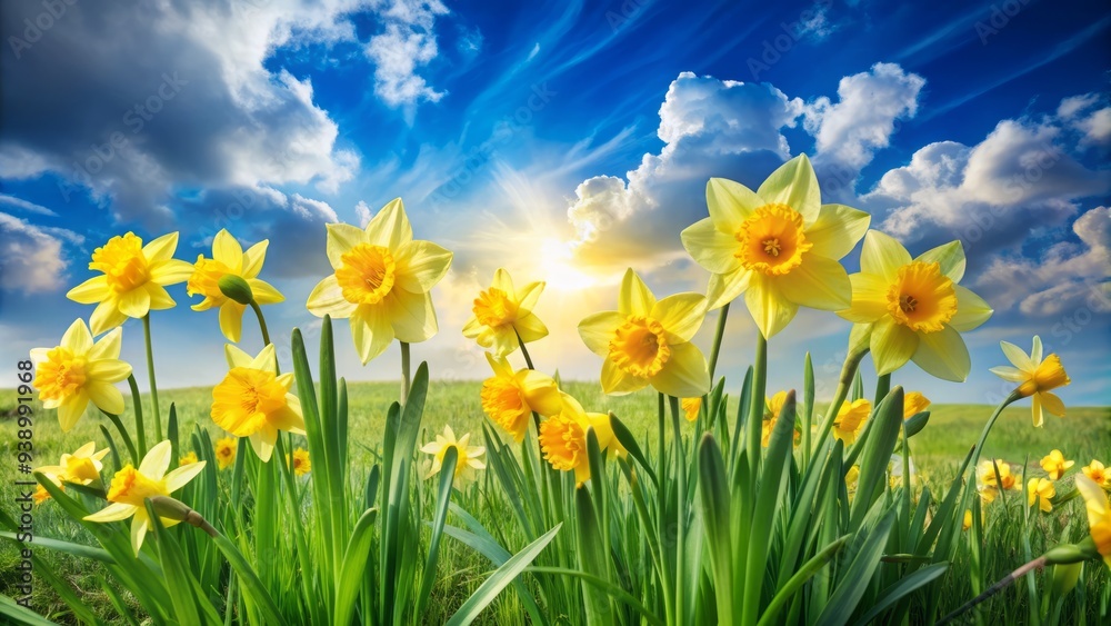 Vibrant yellow daffodils sway gently in the warm breeze, surrounded by lush green grass and soft, white clouds in a serene springtime landscape. Vibrant yellow daffodils sway gently in the warm breeze, surrounded by lush green grass and soft, white clouds in a serene springtime landscape.