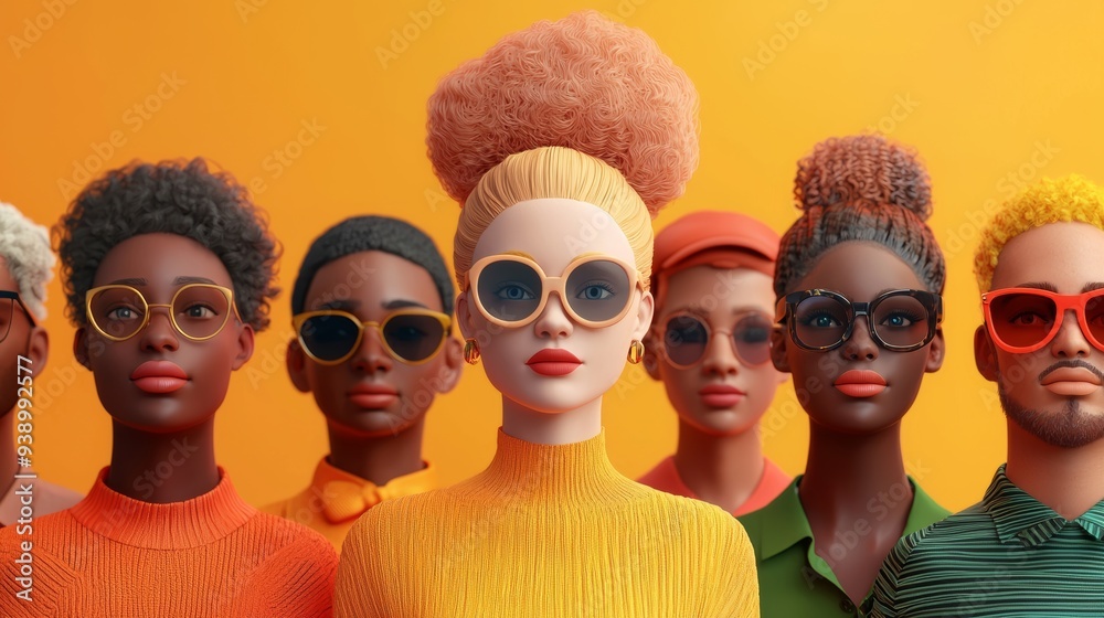 Stylized Group of Diverse Characters in Sunglasses on Orange Background Stylized Group of Diverse Characters in Sunglasses on Orange Background
