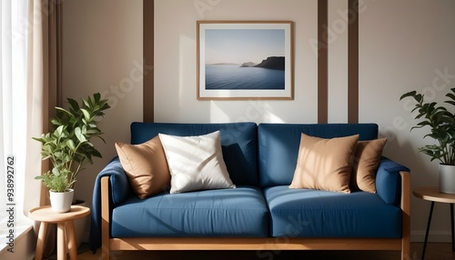 Interior mockup In a white room a blue sofa is placed next to a photo frame on the wall