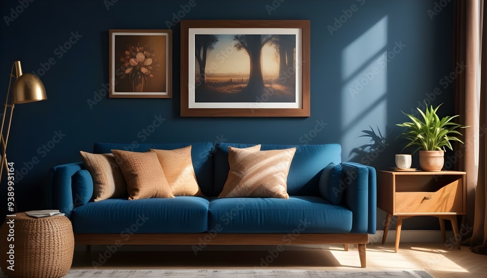 Interior mockup In a white room a blue sofa is placed next to a photo frame on the wall Interior mockup In a white room a blue sofa is placed next to a photo frame on the wall