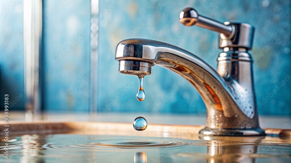 Water droplets fall from a corroded bathroom faucet, forming a small puddle on the counter, symbolizing wastefulness and the need for prompt maintenance. Water droplets fall from a corroded bathroom faucet, forming a small puddle on the counter, symbolizing wastefulness and the need for prompt maintenance.