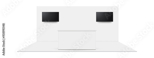 Exhibition Trade Show Booth Mockup With Back Wall, TV Screens And Counter Table, Front View, Isolated On White Background. Vector Illustration
