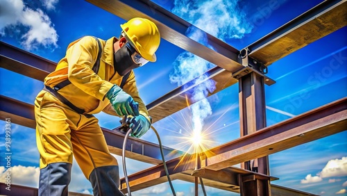 Welder in bright yellow safety gear making repairs to rusty metal beams on a modern industrial building under bright blue sky. photo