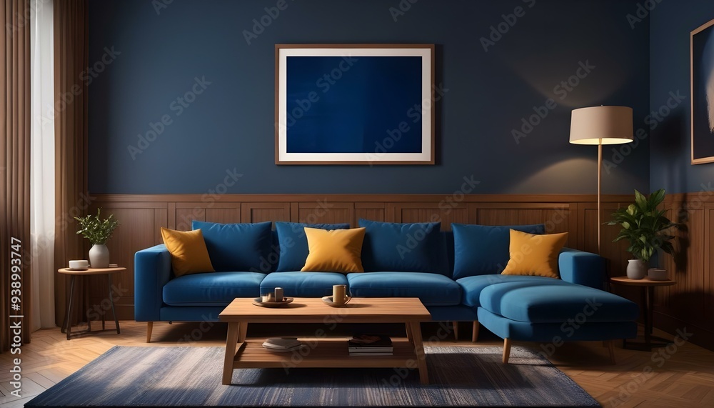 Interior mockup In a white room a blue sofa is placed next to a photo frame on the wall Interior mockup In a white room a blue sofa is placed next to a photo frame on the wall