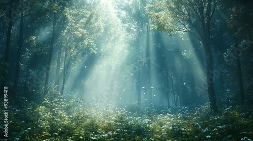 Misty dawn in a dense forest with gentle light ideal for serene and peaceful backgrounds