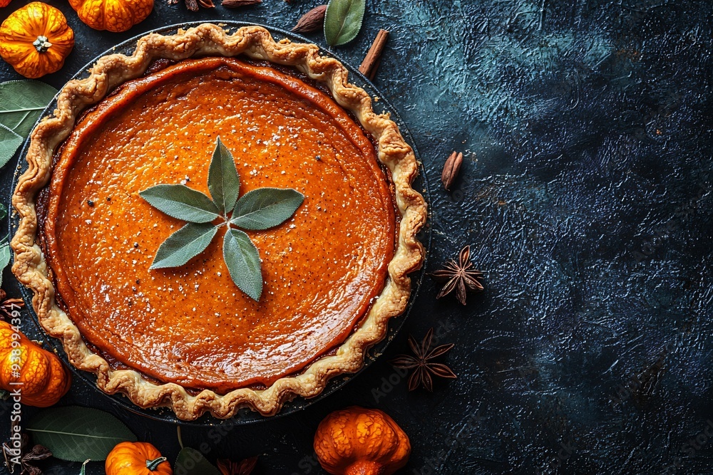 A beautifully styled pumpkin pie with autumn leaves and mini pumpkins, perfect for Thanksgiving and Halloween celebrations, with copy space. A beautifully styled pumpkin pie with autumn leaves and mini pumpkins, perfect for Thanksgiving and Halloween celebrations, with copy space.