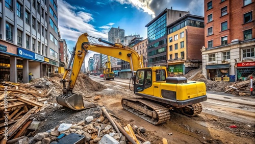 Yellow excavator parked amidst idle construction equipment, surrounded by deserted streets and abandoned buildings, conveying impact of COVID-19 pandemic on urban development projects.