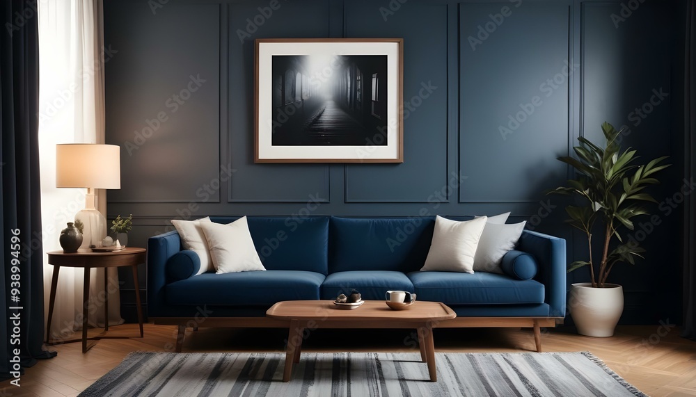 Interior mockup In a white room a blue sofa is placed next to a photo frame on the wall Interior mockup In a white room a blue sofa is placed next to a photo frame on the wall