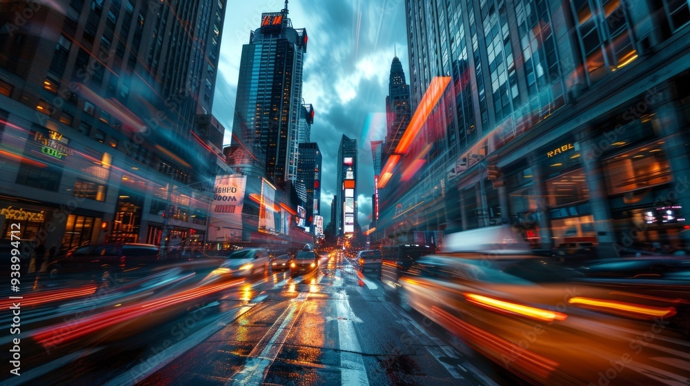 Obraz premium Manhattan streets bustle with activity as cars speed by under a twilight sky surrounded by towering buildings