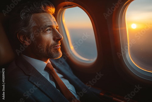 As sun began to set on a warm summer evening, wide-angle view from back of private plane captured confident businessman in his sleek suit, gazing out window with a sense of anticipation and excitemen photo