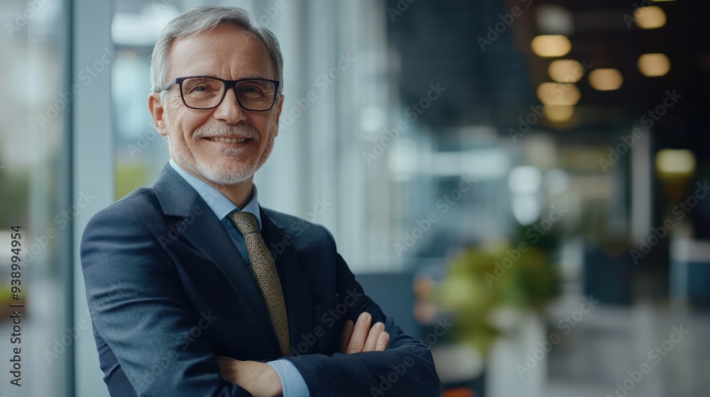 Obraz premium portrait of successful senior businessman consultant looking at camera and smiling inside modern office building