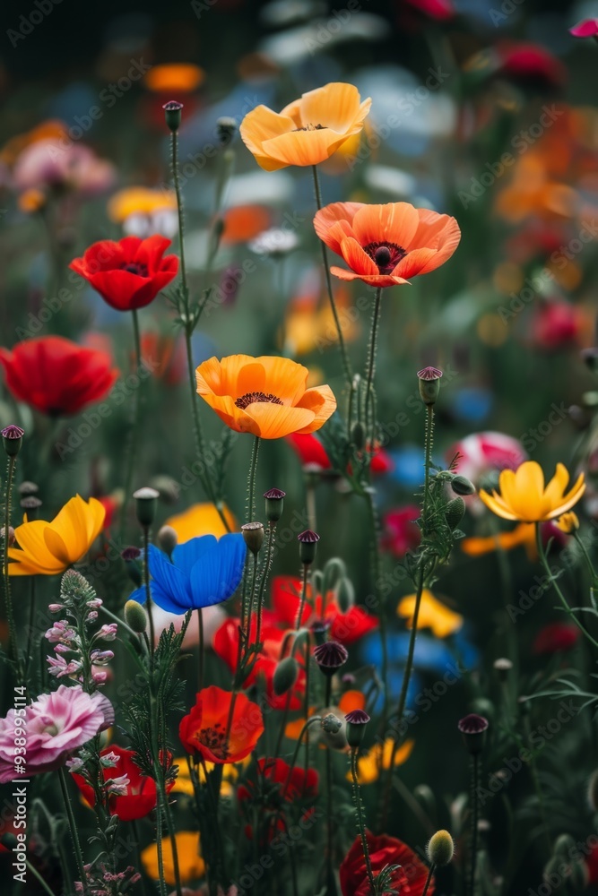 Obraz premium A lush garden bursts with a variety of colorful wildflowers, showcasing bright poppies and other blossoms