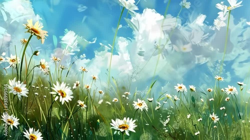 A field of white daisies in a watercolor style.