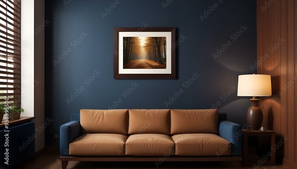 Interior mockup In a white room a blue sofa is placed next to a photo frame on the wall Interior mockup In a white room a blue sofa is placed next to a photo frame on the wall