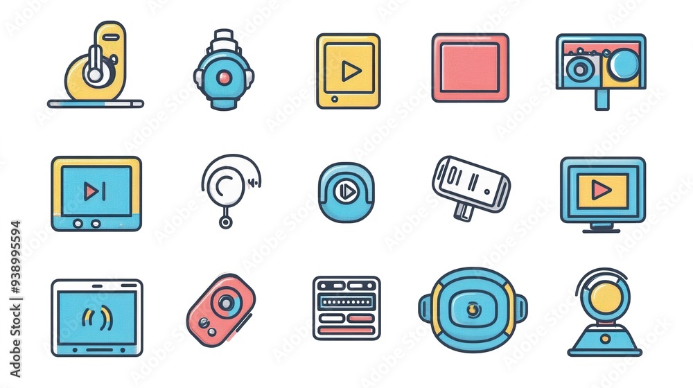 Set of 20 Audio and Video Linear Color Icons. A Comprehensive Collection of Vibrant and Detailed Icons Representing Various Audio and Video Equipment and Functions. Set of 20 Audio and Video Linear Color Icons. A Comprehensive Collection of Vibrant and Detailed Icons Representing Various Audio and Video Equipment and Functions.
