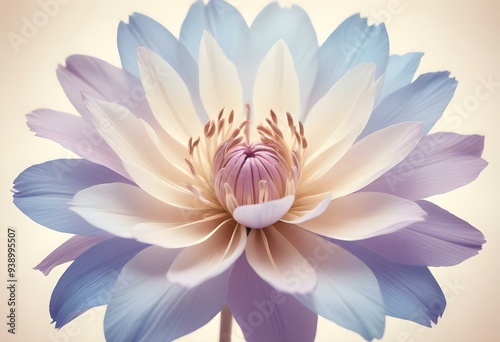 Abstract image of a flower in soft pastel colors, flowing, translucent petals with a blend of light pink, blue, and lavender hues, white background, centered composition