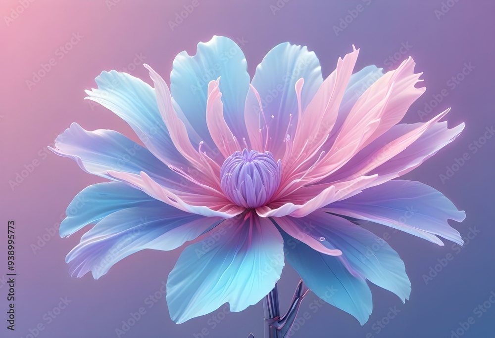 Abstract image of a flower in soft pastel colors, flowing, translucent petals with a blend of light pink, blue, and lavender hues, white background, centered composition Abstract image of a flower in soft pastel colors, flowing, translucent petals with a blend of light pink, blue, and lavender hues, white background, centered composition